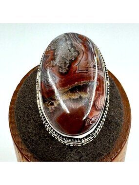 VTG Sterling Silver 925 Crazy Lace Agate Bezel Set Statement Ring Size 9